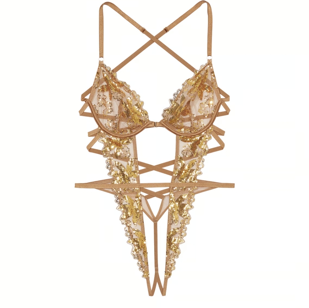 VS Gold Sequined Ziggy Glam Floral Embroidery Unlined Strappy Crotchless Teddy